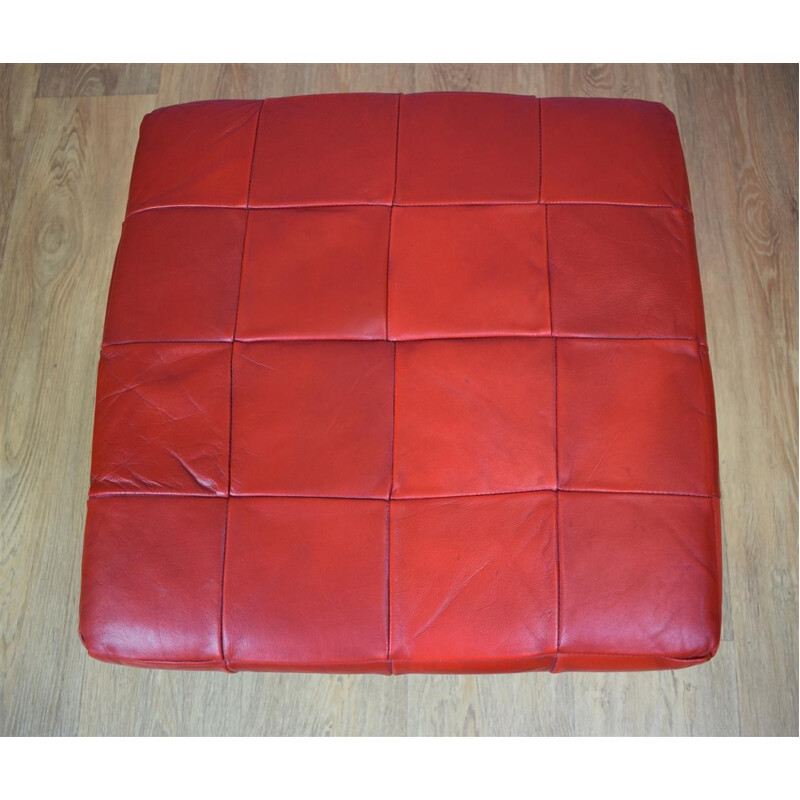 Vintage Danish Red Leather Foot Stool Ottoman - 1970s