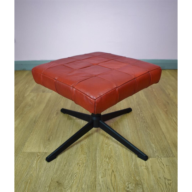 Vintage Danish Red Leather Foot Stool Ottoman - 1970s