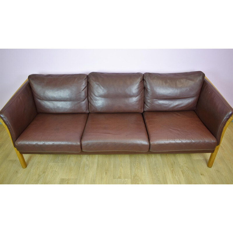 Vintage Danish Brown Leather 3 Seat Sofa by Skalma - 1970s