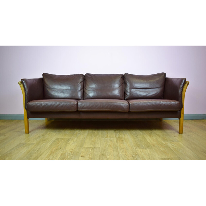 Vintage Danish Brown Leather 3 Seat Sofa by Skalma - 1970s