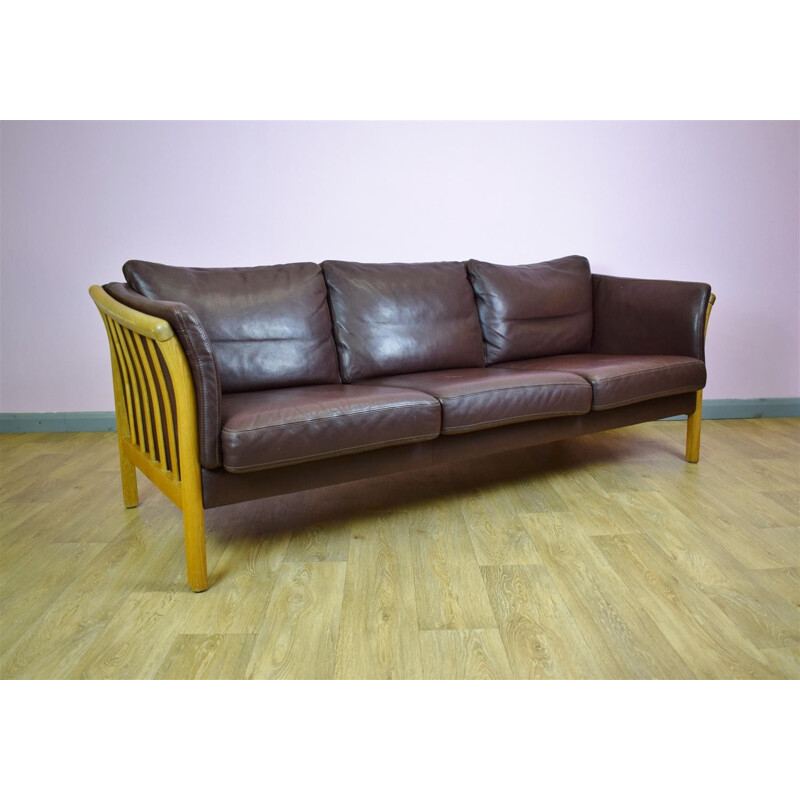 Vintage Danish Brown Leather 3 Seat Sofa by Skalma - 1970s