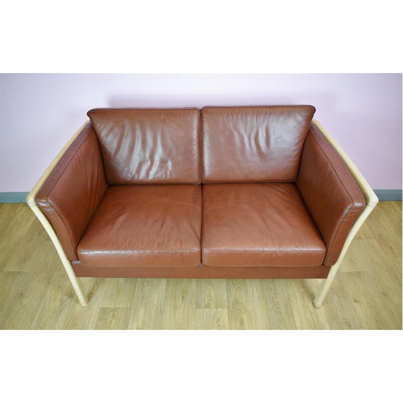 Vintage Danish Tan Brown Leather 2 Seat Sofa - 1970s