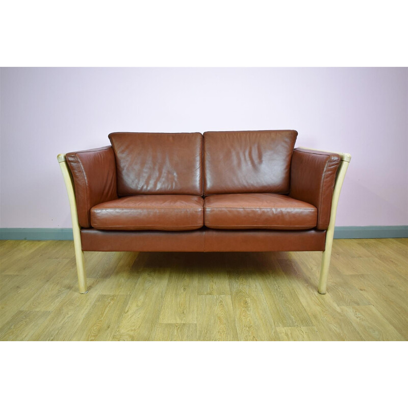 Vintage Danish Tan Brown Leather 2 Seat Sofa - 1970s