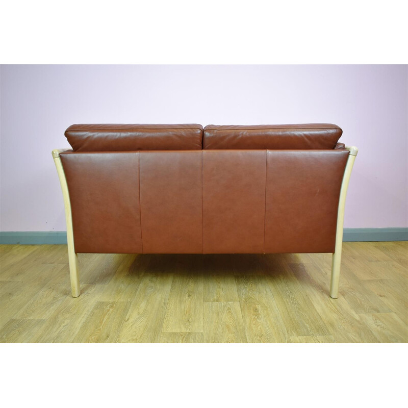 Vintage Danish Tan Brown Leather 2 Seat Sofa - 1970s