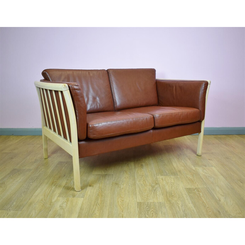 Vintage Danish Tan Brown Leather 2 Seat Sofa - 1970s