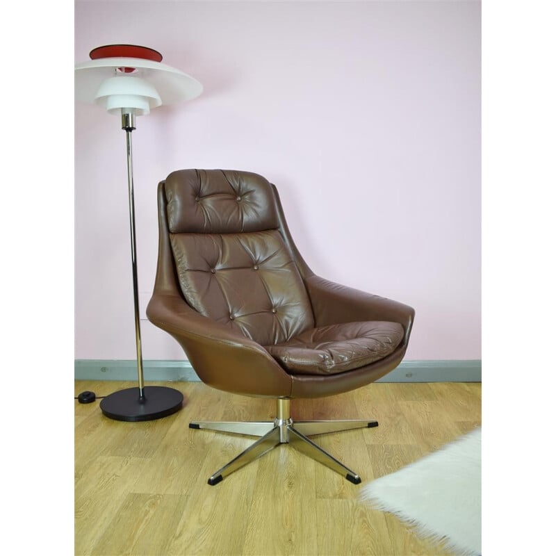 Vintage Danish H.W. Klein for Bramin Brown Leather Swivel Lounge Arm Chair - 1960s