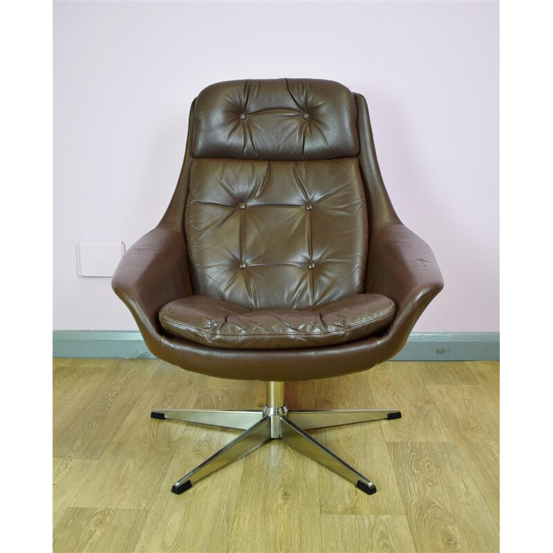 Vintage Danish H.W. Klein for Bramin Brown Leather Swivel Lounge Arm Chair - 1960s