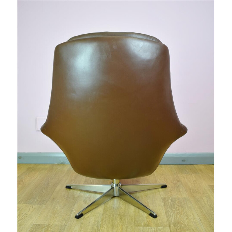 Vintage Danish H.W. Klein for Bramin Brown Leather Swivel Lounge Arm Chair - 1960s