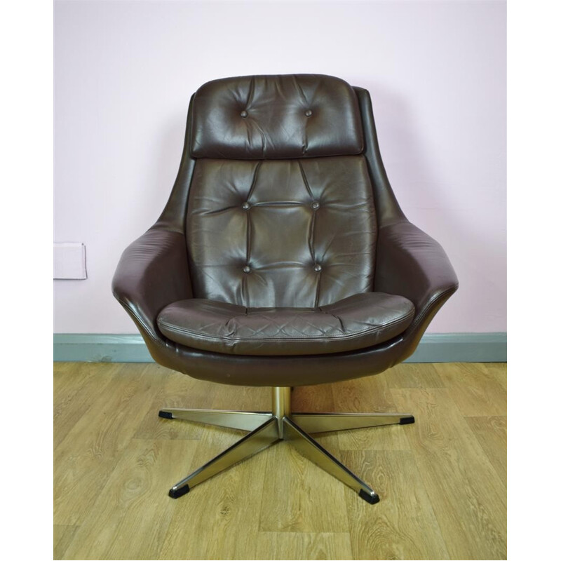 Vintage Danish H.W. Klein for Bramin Brown Leather Swivel Lounge Arm Chair - 1960s