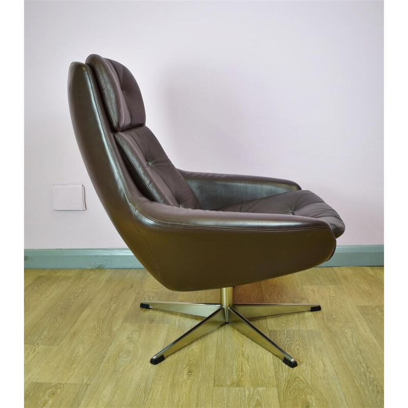 Vintage Danish H.W. Klein for Bramin Brown Leather Swivel Lounge Arm Chair - 1960s