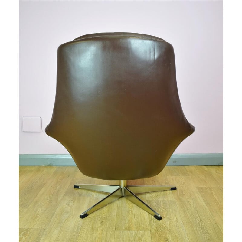 Vintage Danish H.W. Klein for Bramin Brown Leather Swivel Lounge Arm Chair - 1960s