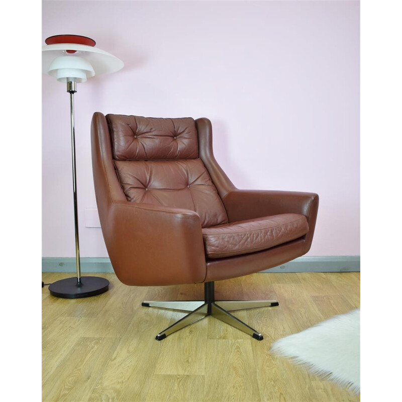 Vintage Danish Brown Leather Swivel Lounge Armchair - 1960s