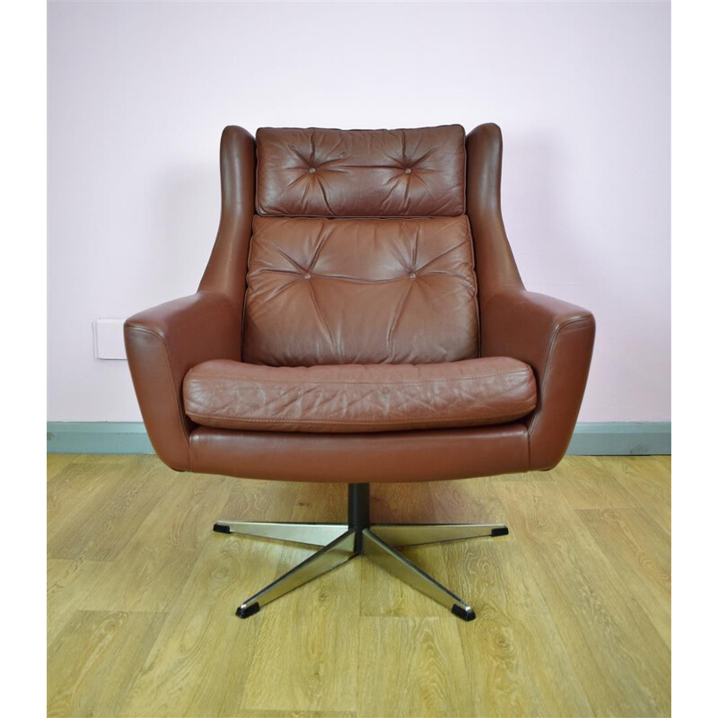 Vintage Danish Brown Leather Swivel Lounge Armchair - 1960s