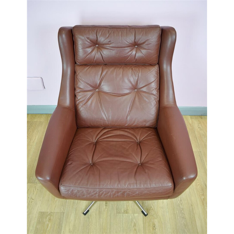 Vintage Danish Brown Leather Swivel Lounge Armchair - 1960s