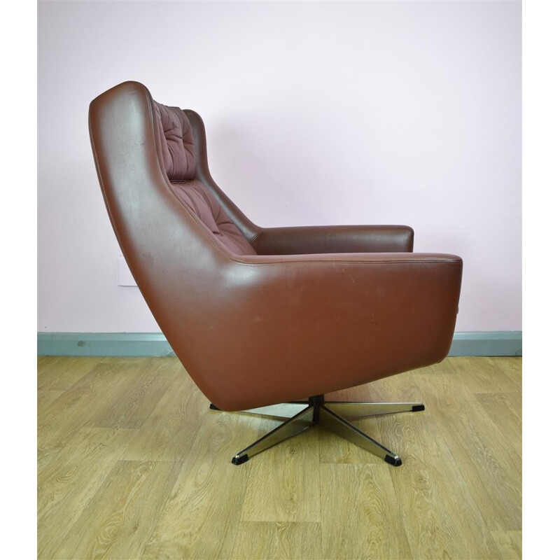 Vintage Danish Brown Leather Swivel Lounge Armchair - 1960s