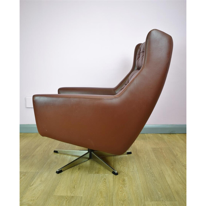 Vintage Danish Brown Leather Swivel Lounge Armchair - 1960s