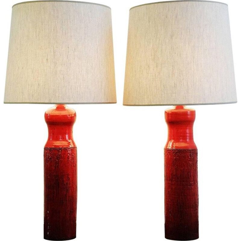 Pair of red ceramic vintage lamps by Oswald Tieberghien - 1960s