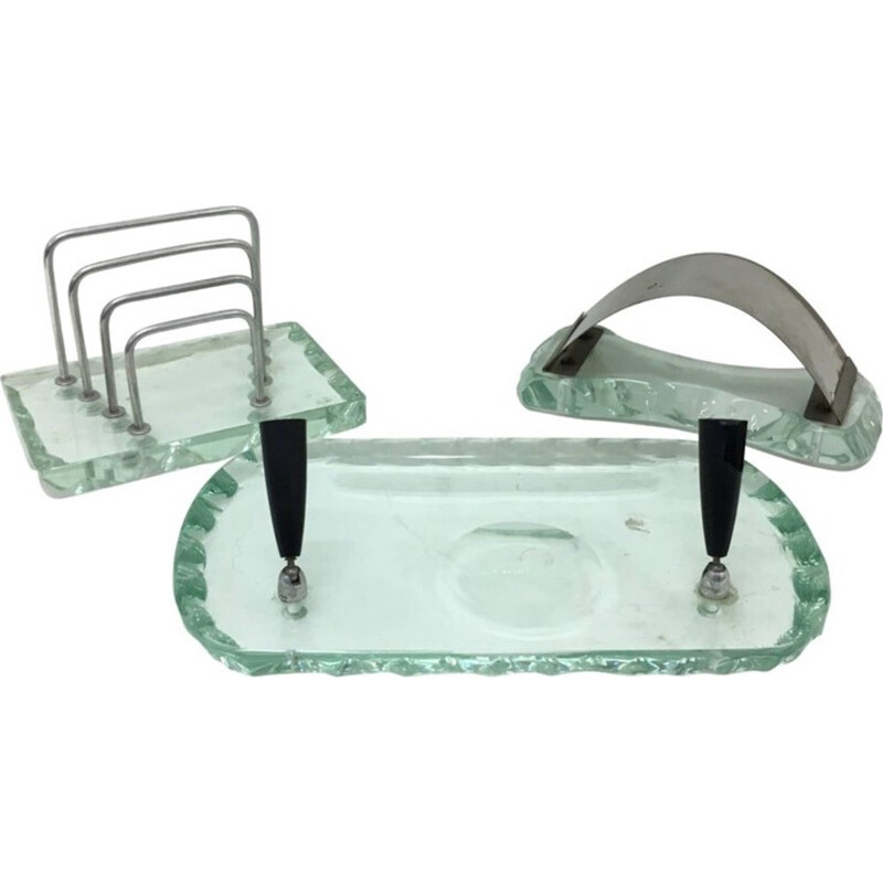 Suite of vintage glass desk accessories verde nilo, Italy 1950