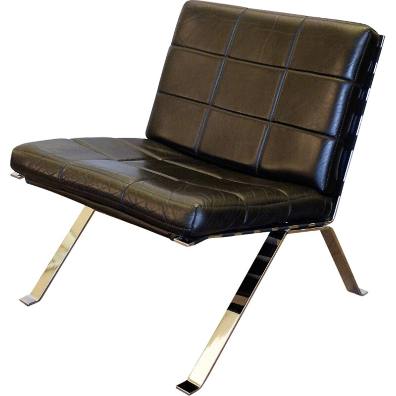 Low chair in chrome-plated steel and leather - 1960s