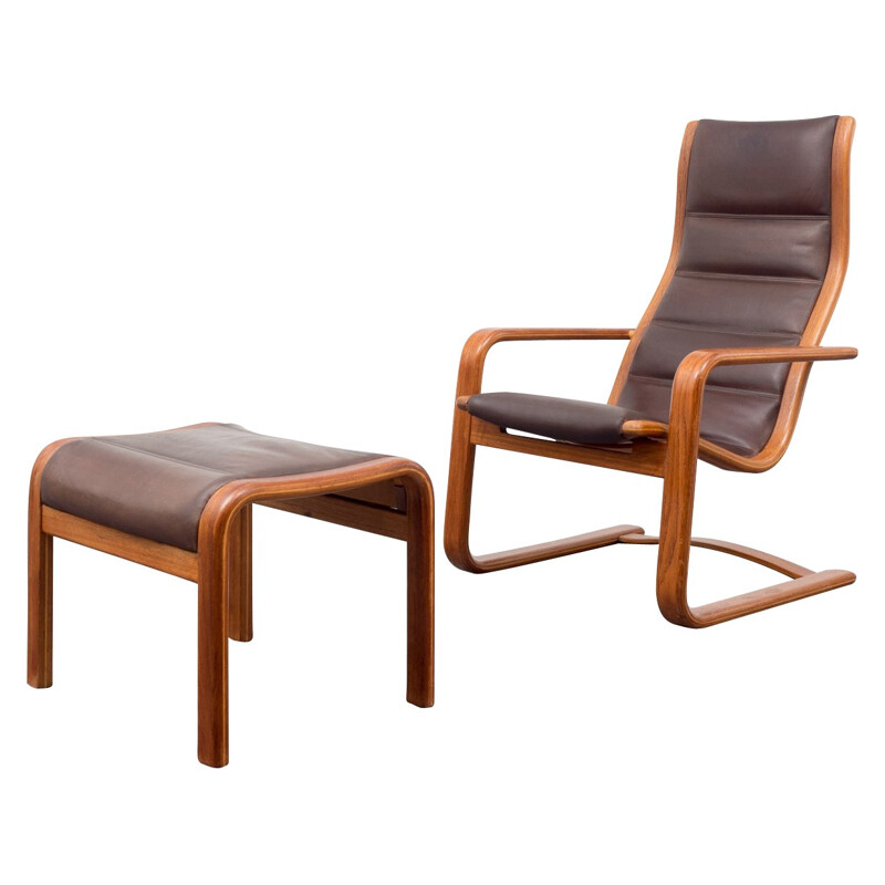 Brown leather lounge chair and ottoman, Yngve EKSTRÖM - 1950s