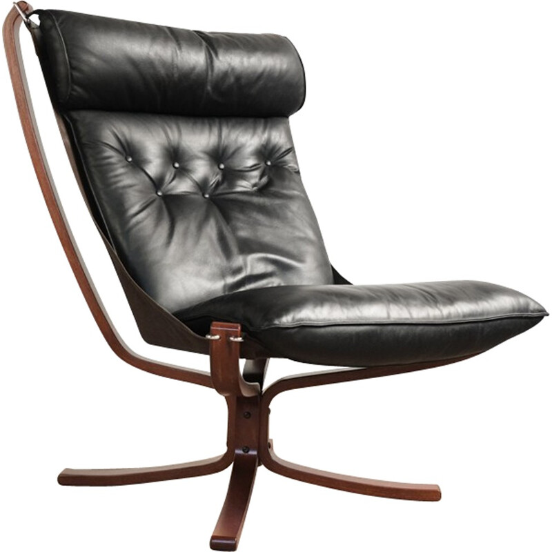 Vintage high back Falcon Chair in black leather by Sigurd Ressell for Vatne Møbler - 1970s