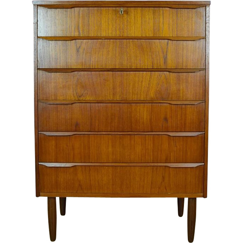 Vintage Danish Teak Chest of 6 Drawers Tall Boy Dresser - 1960s