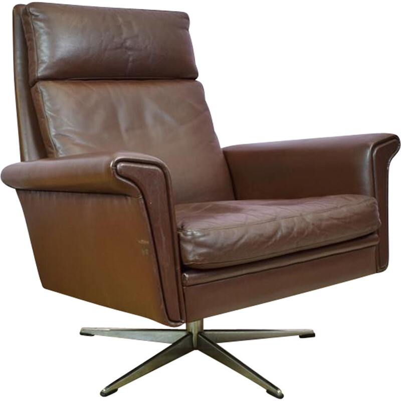 Vintage Danish Brown Leather Swivel Lounge Arm Chair - 1960s