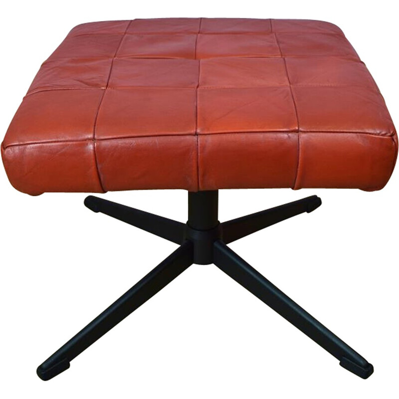 Vintage Danish Red Leather Foot Stool Ottoman - 1970s