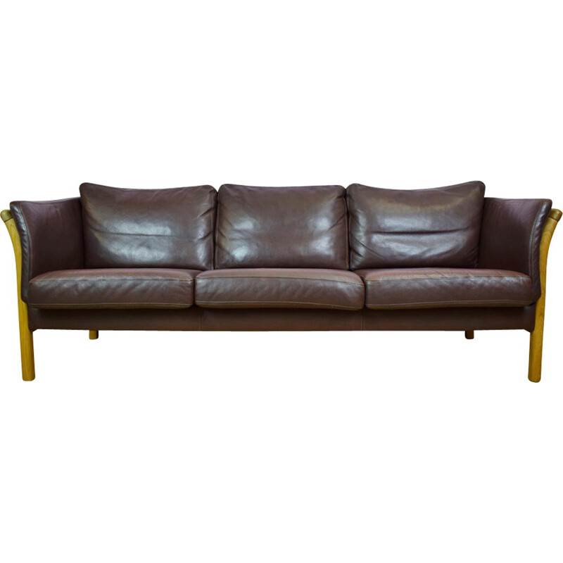 Vintage Danish Brown Leather 3 Seat Sofa by Skalma - 1970s