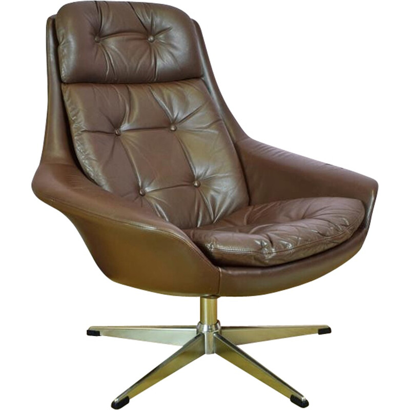 Vintage Danish H.W. Klein for Bramin Brown Leather Swivel Lounge Arm Chair - 1960s