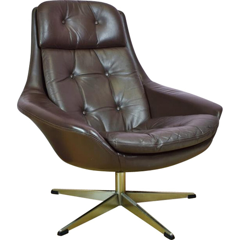 Vintage Danish H.W. Klein for Bramin Brown Leather Swivel Lounge Arm Chair - 1960s