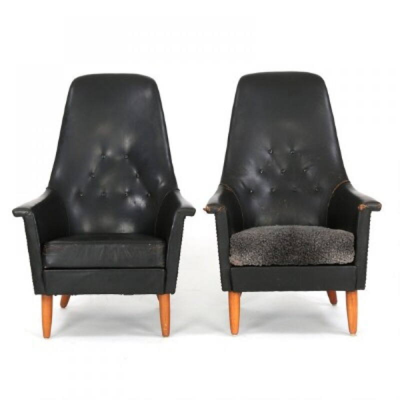 Pair of vintage leather and beech armchairs - 1960s
