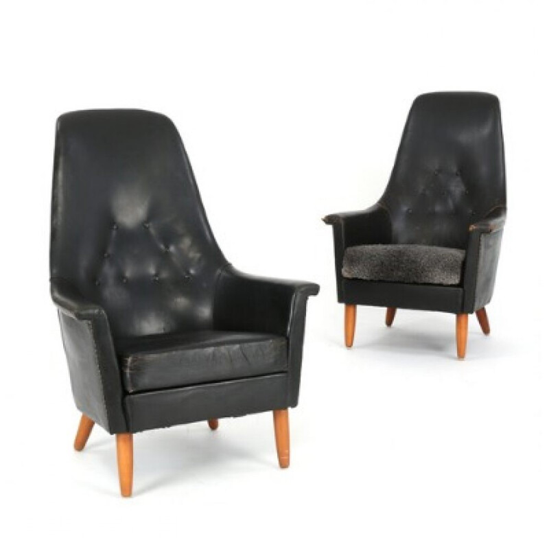 Paire de fauteuils vintage en cuir et en hêtre - 1960