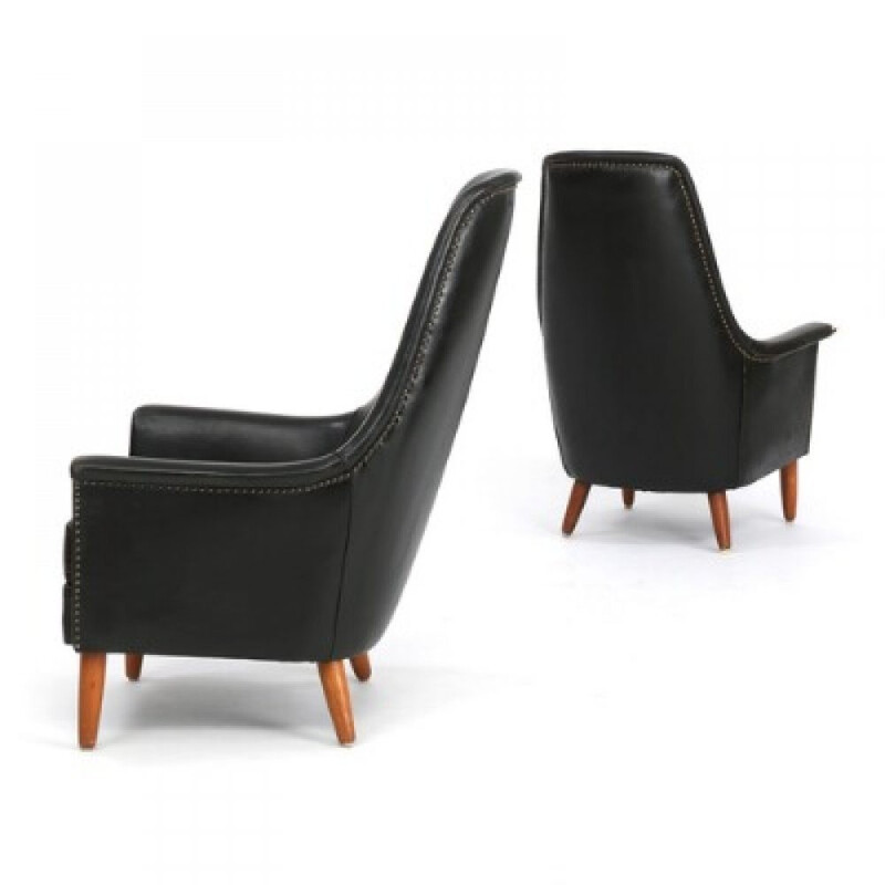 Pair of vintage leather and beech armchairs - 1960s