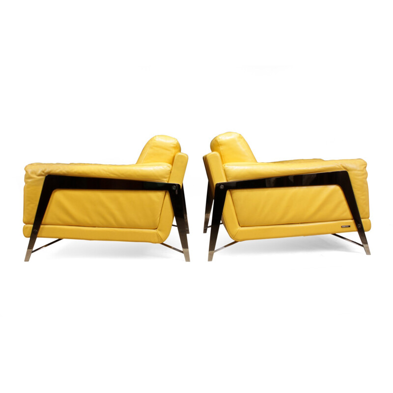 Pair of Vintage Leather and Chrome Armchairs for Roche Bobois - 1980s