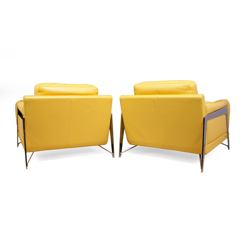 Pair of Vintage Leather and Chrome Armchairs for Roche Bobois - 1980s