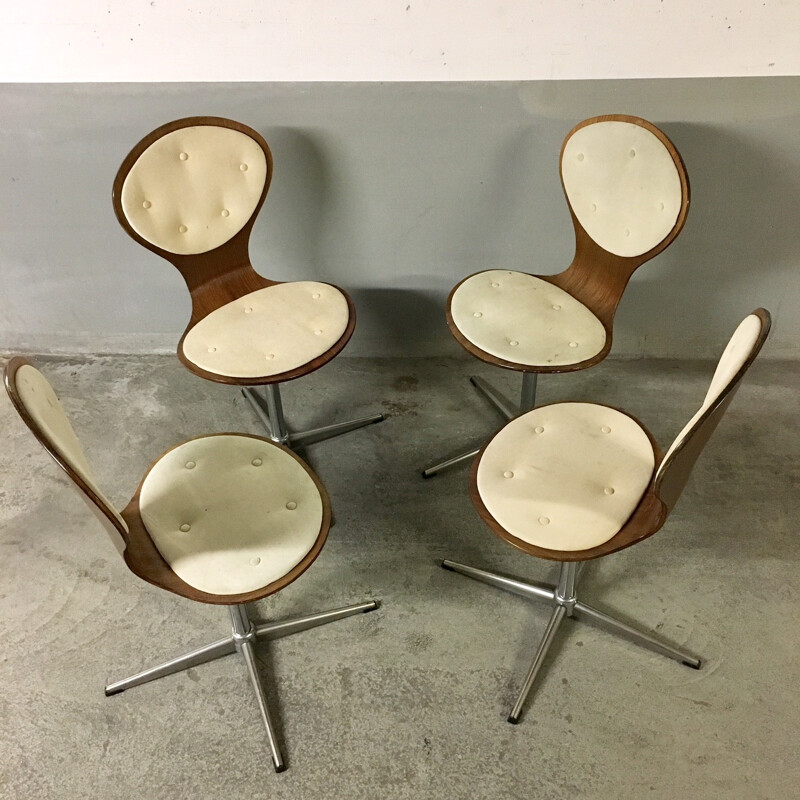 Vintage set of 4 swivel plywood chairs by Elmar Flötotto - 1960s