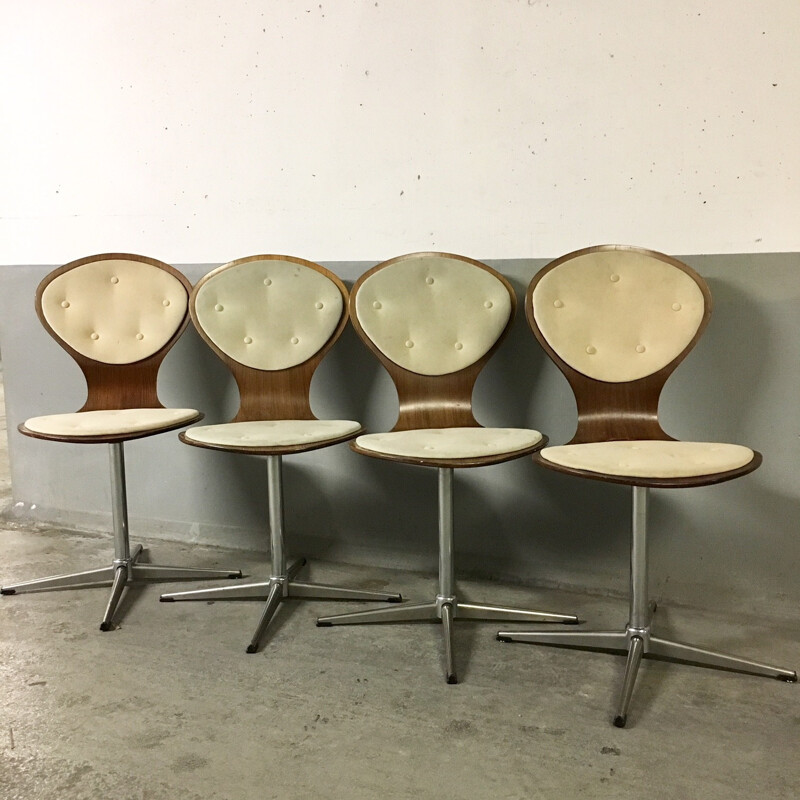 Vintage set of 4 swivel plywood chairs by Elmar Flötotto - 1960s