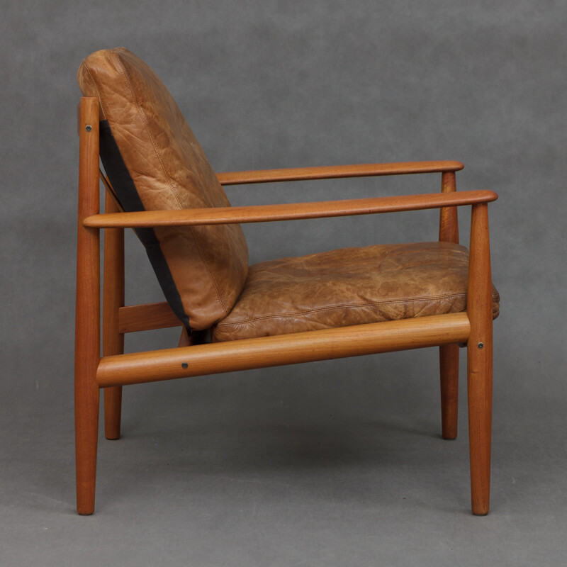 Vintage teak armchair in cognac leather by Grete Jalk - 1960s