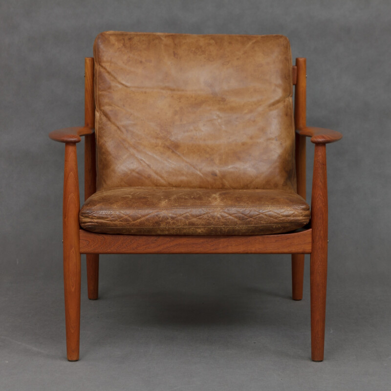 Vintage teak armchair in cognac leather by Grete Jalk - 1960s