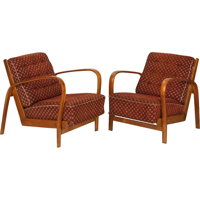 Vintage Armchairs in Wood and Fabric by Kropacek & Kuzelka - 1940s