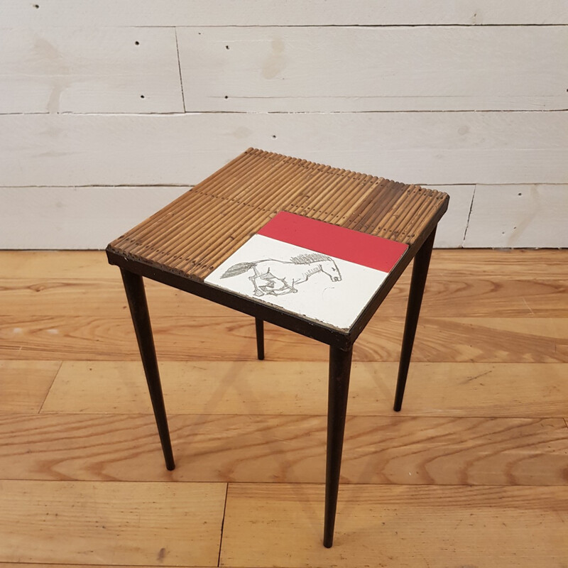 Table en céramique et rotin vintage - 1950