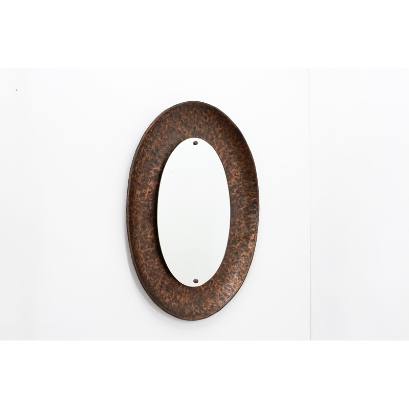 Vintage Hammered Bronze Oval Mirror by Angelo Bragalini - 1960s