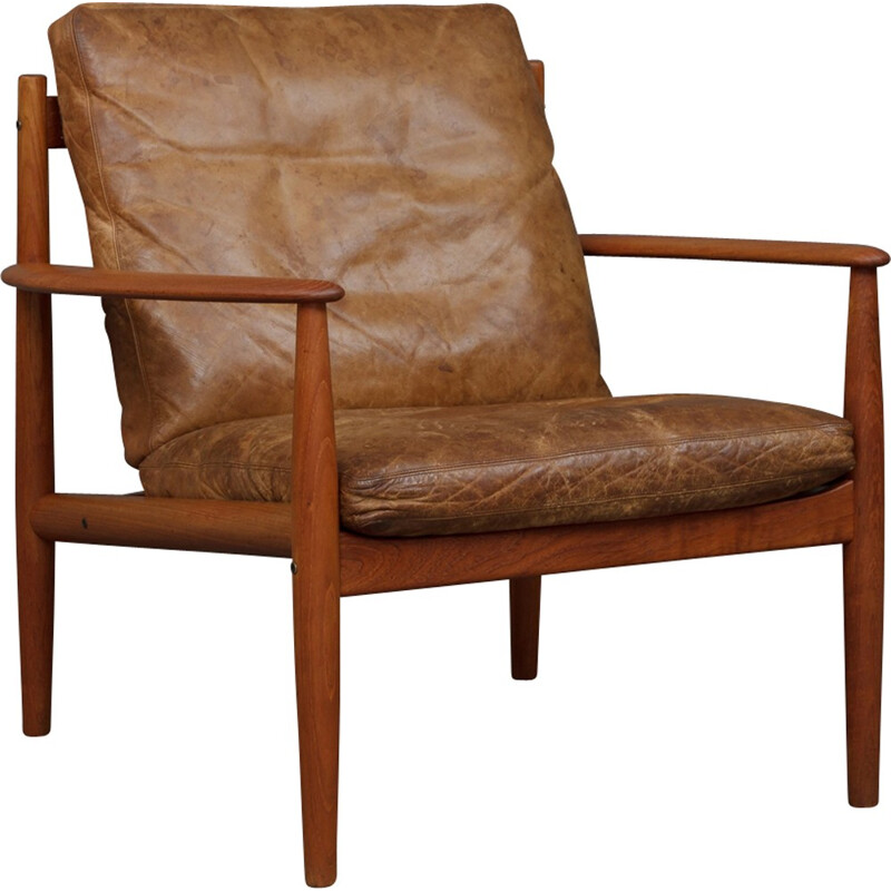 Vintage teak armchair in cognac leather by Grete Jalk - 1960s