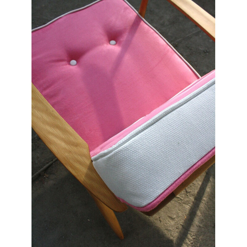 Scandinavian armchair in wood and pink fabric - 1960s