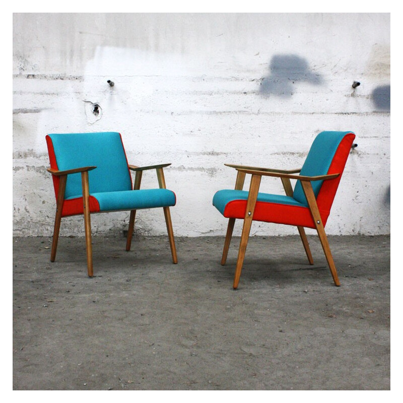 Fauteuil vintage en bois et tissu orange et turquoise - 1960