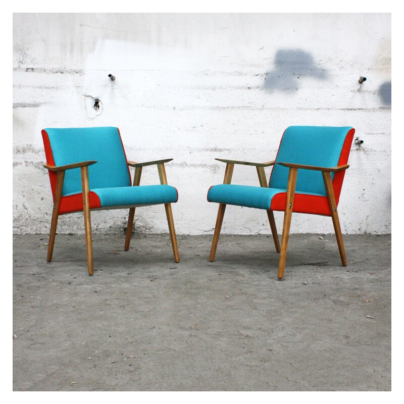 Fauteuil vintage en bois et tissu orange et turquoise - 1960