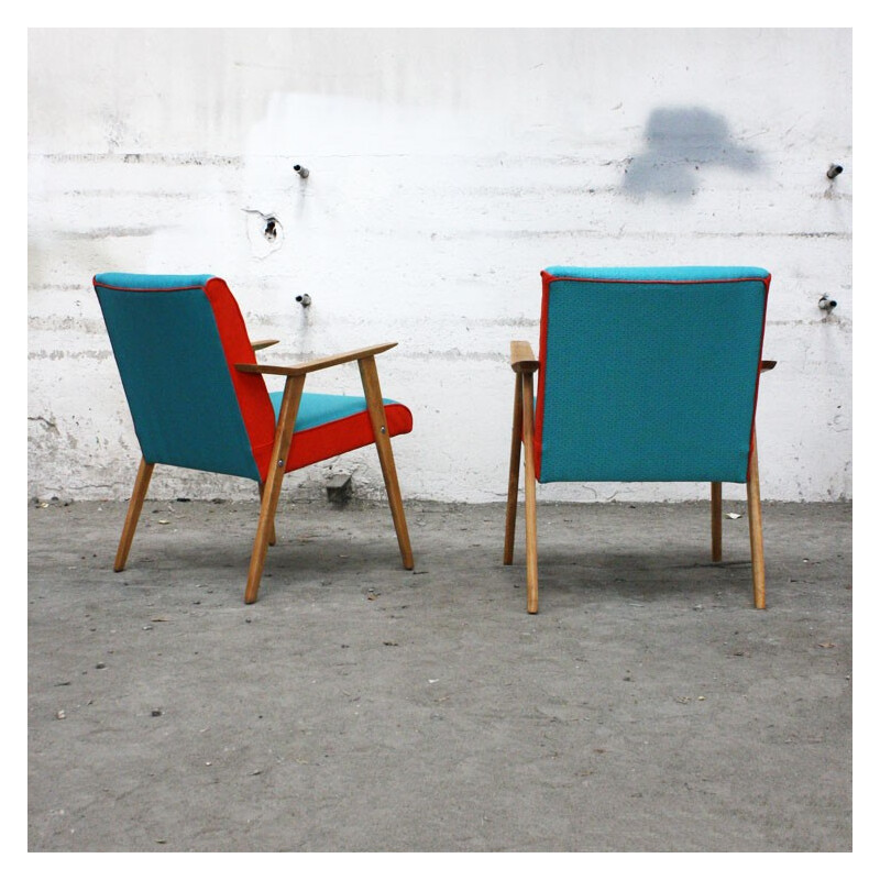  Vintage armchair in wood and turquoise orange fabric - 1960s