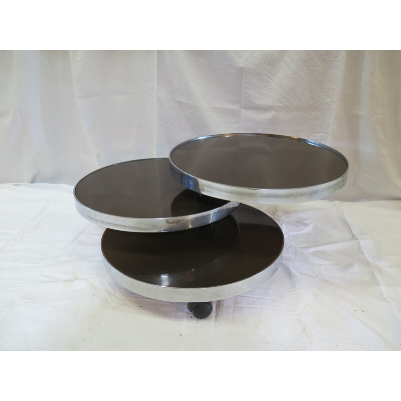 Vintage Round coffee table with 3 pivoting trays by Maria Pergay for Mercier Frères - 1960s
