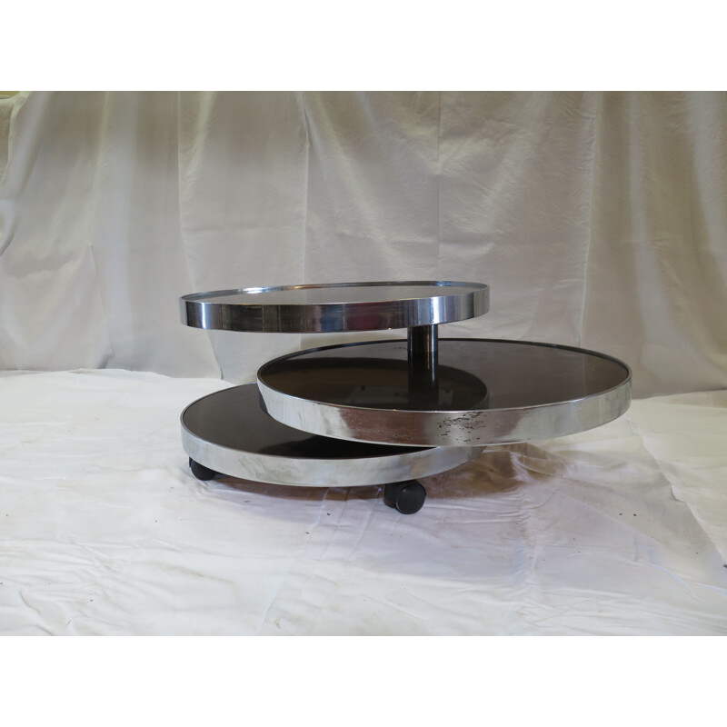 Vintage Round coffee table with 3 pivoting trays by Maria Pergay for Mercier Frères - 1960s